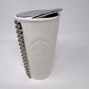 Starbucks 2014 White Ceramic Silver Studded 10oz Travel Tumbler Coffee Mug w/Lid